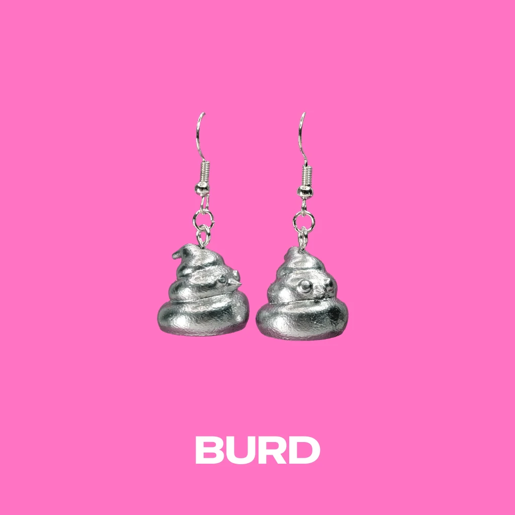 Burd silver earrings on a pink background