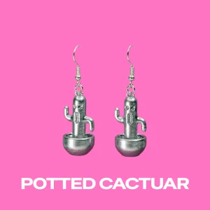 Cactuar Silver earrings on a pink background